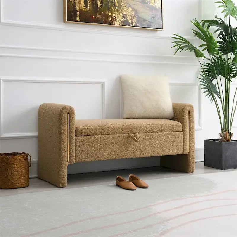 Modern Bed End Bench with Arms and Storage,Upholstered Foot Rest Stool