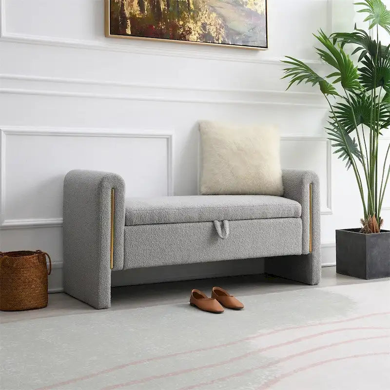 Modern Bed End Bench with Arms and Storage,Upholstered Foot Rest Stool