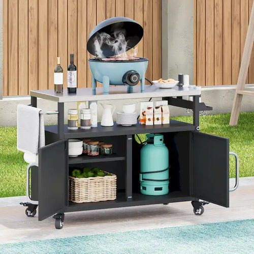 54.5 Outdoor Kitchen Island with Stainless Steel Tabletop, Metal Grill Cart Table with Storage Cabinet, Spice Rack
