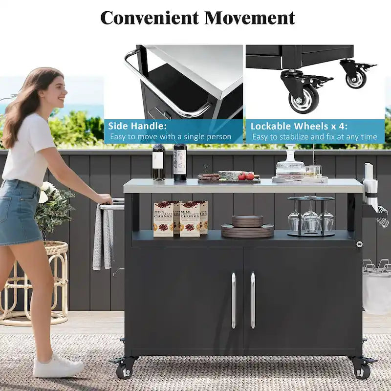 54.5 Outdoor Kitchen Island with Stainless Steel Tabletop, Metal Grill Cart Table with Storage Cabinet, Spice Rack