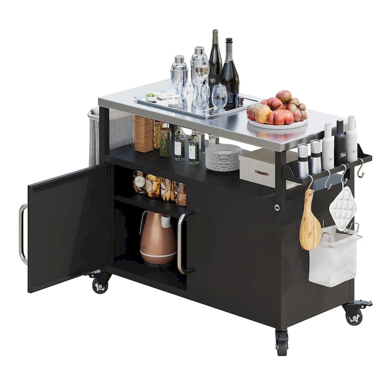 54.5 Outdoor Kitchen Island with Stainless Steel Tabletop, Metal Grill Cart Table with Storage Cabinet, Spice Rack