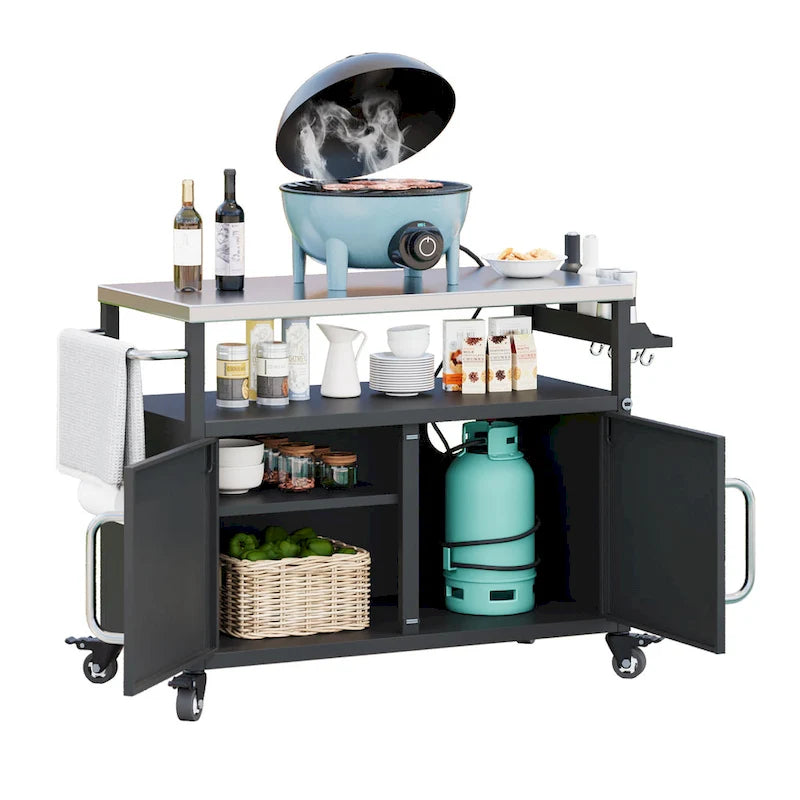 54.5 Outdoor Kitchen Island with Stainless Steel Tabletop, Metal Grill Cart Table with Storage Cabinet, Spice Rack