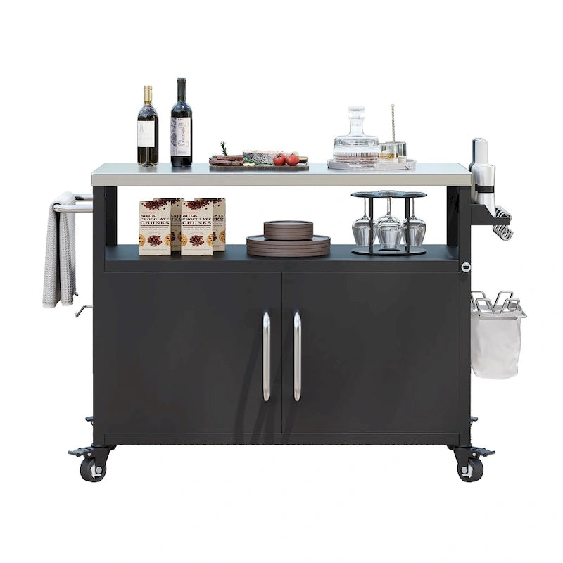 54.5 Outdoor Kitchen Island with Stainless Steel Tabletop, Metal Grill Cart Table with Storage Cabinet, Spice Rack