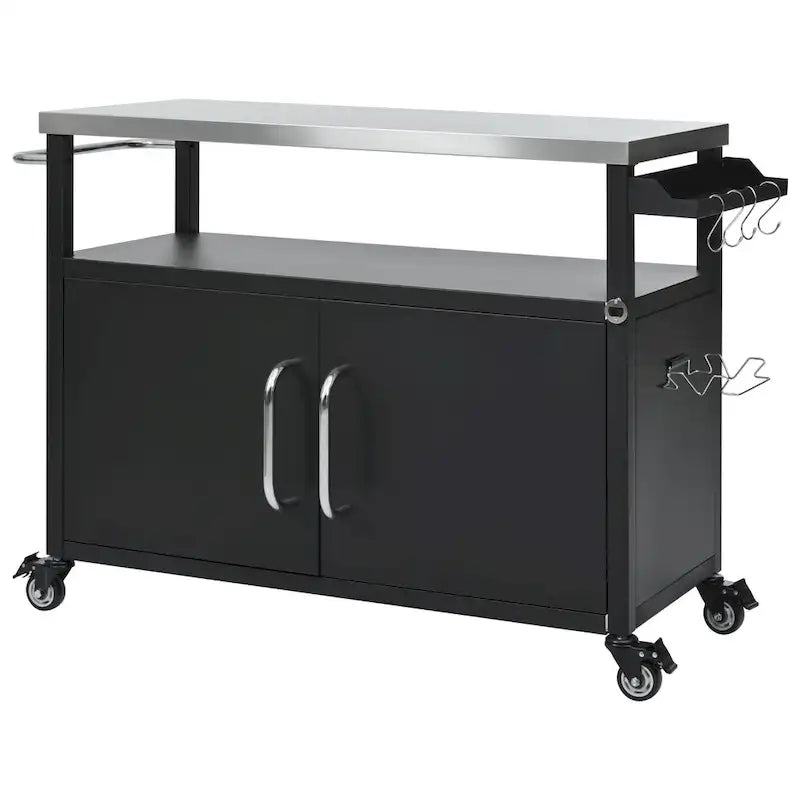 54.5 Outdoor Kitchen Island with Stainless Steel Tabletop, Metal Grill Cart Table with Storage Cabinet, Spice Rack