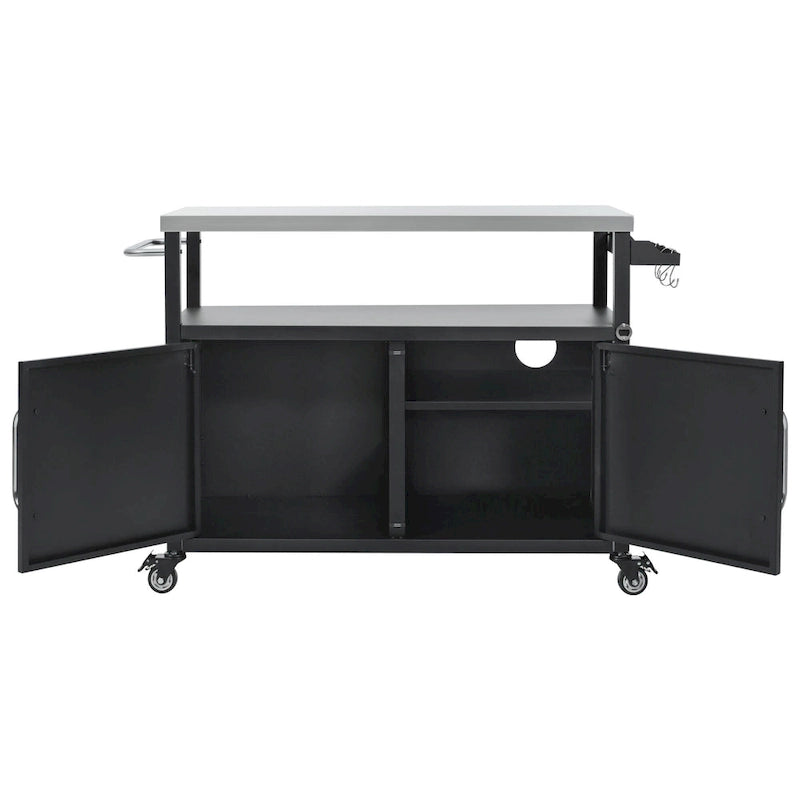 54.5 Outdoor Kitchen Island with Stainless Steel Tabletop, Metal Grill Cart Table with Storage Cabinet, Spice Rack