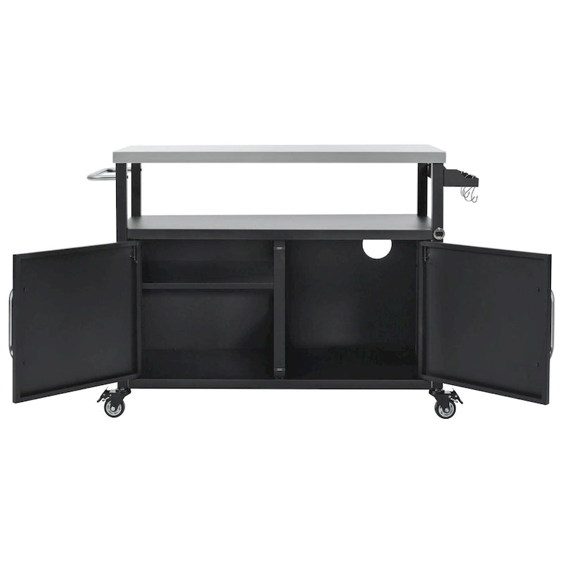 54.5 Outdoor Kitchen Island with Stainless Steel Tabletop, Metal Grill Cart Table with Storage Cabinet, Spice Rack
