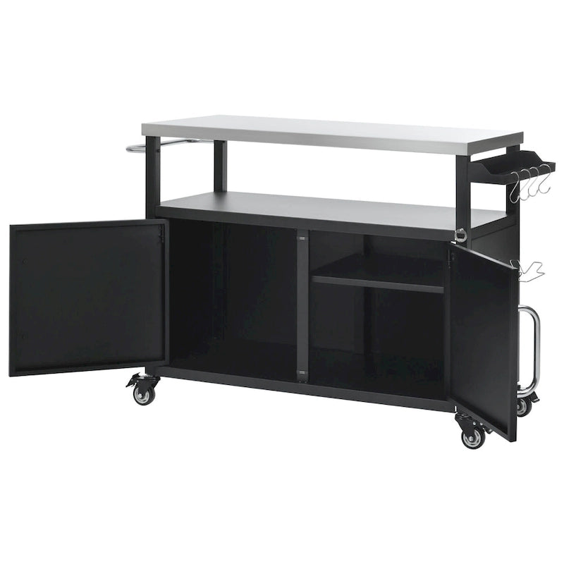 54.5 Outdoor Kitchen Island with Stainless Steel Tabletop, Metal Grill Cart Table with Storage Cabinet, Spice Rack