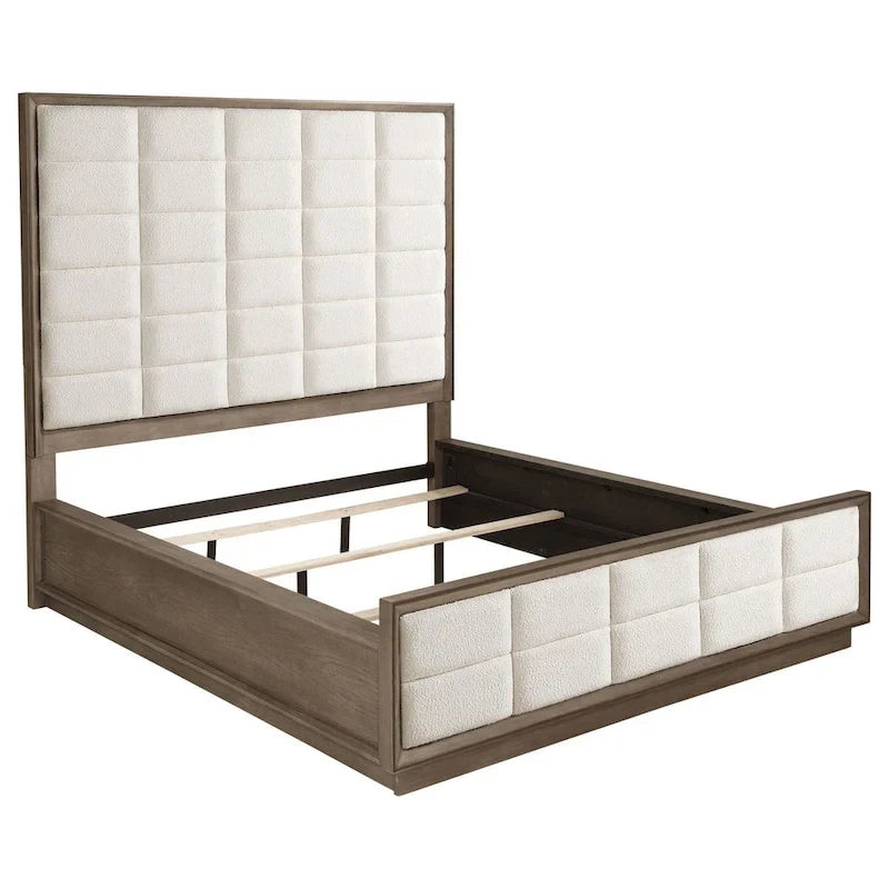 California King Bed, Grid Tufted Ivory Upholstery, Oak Brown