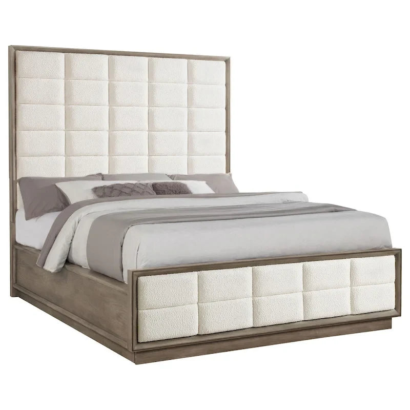 California King Bed, Grid Tufted Ivory Upholstery, Oak Brown