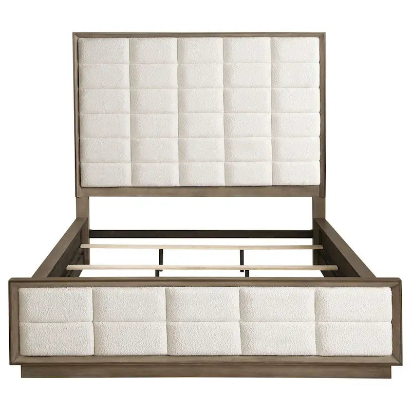 California King Bed, Grid Tufted Ivory Upholstery, Oak Brown