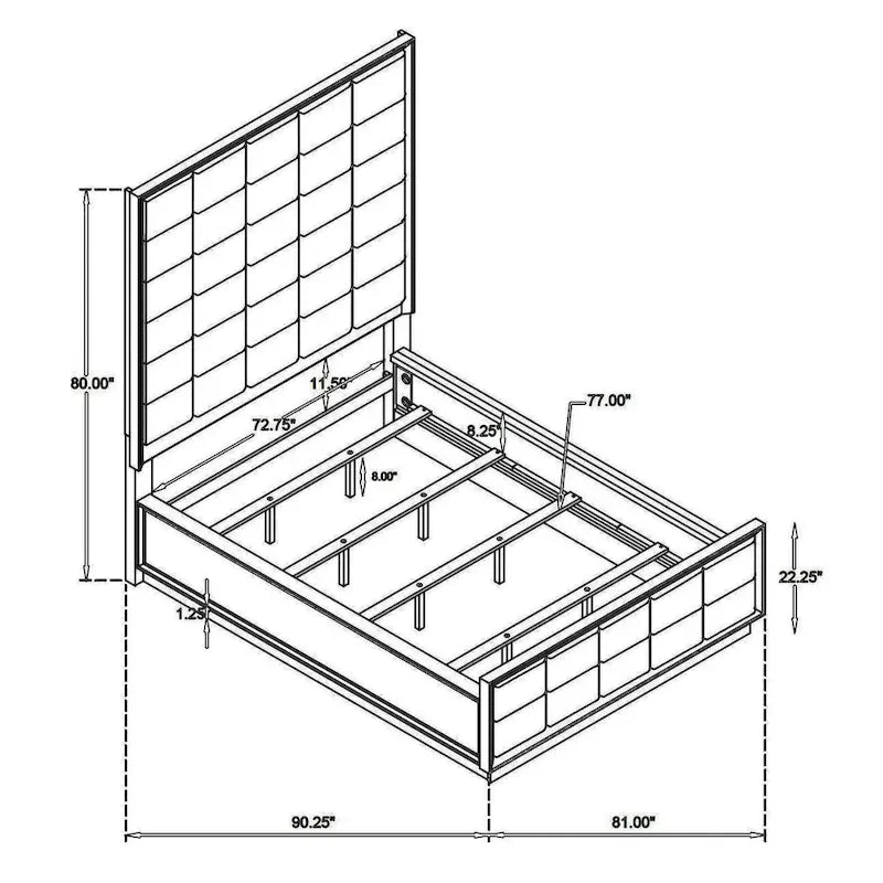 California King Bed, Grid Tufted Ivory Upholstery, Oak Brown