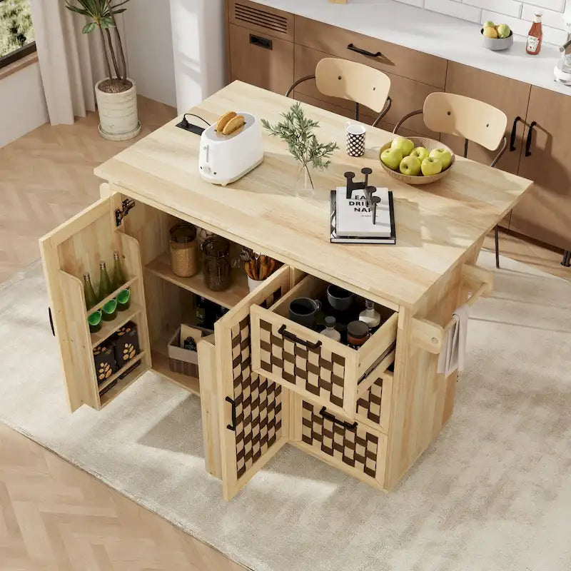 3D Woven Checkerboard Pattern Kitchen Island with Drop Leaf, Internal Storage Rack, Power Outlet, 3 Drawers and 2 Cabinets