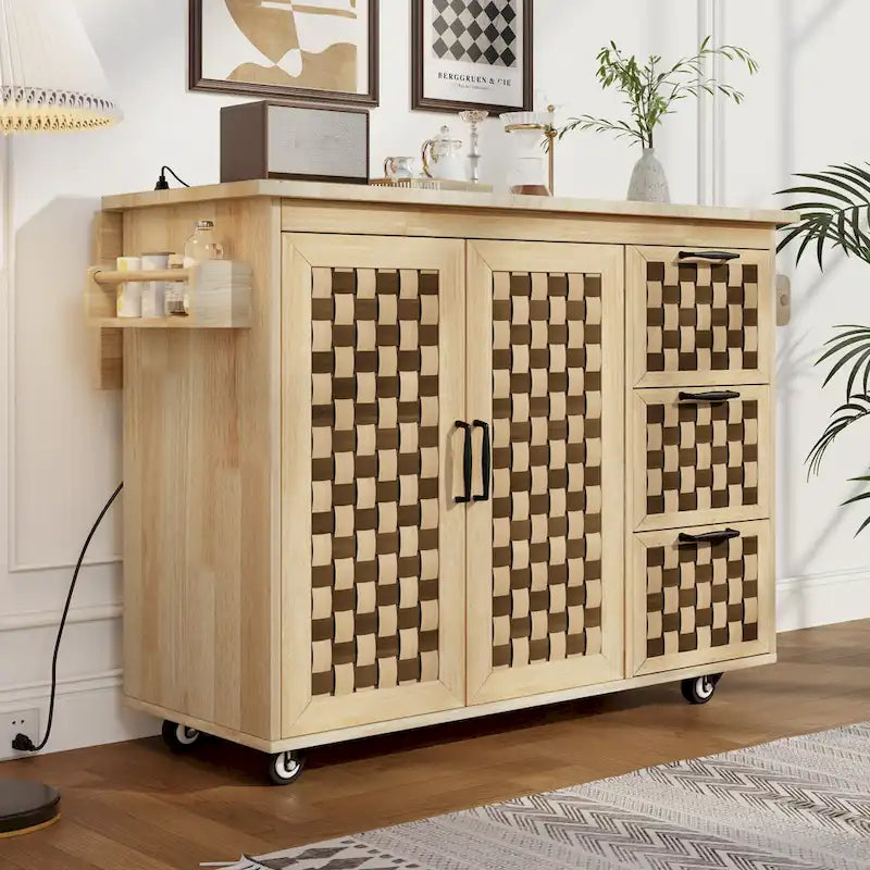 3D Woven Checkerboard Pattern Kitchen Island with Drop Leaf, Internal Storage Rack, Power Outlet, 3 Drawers and 2 Cabinets