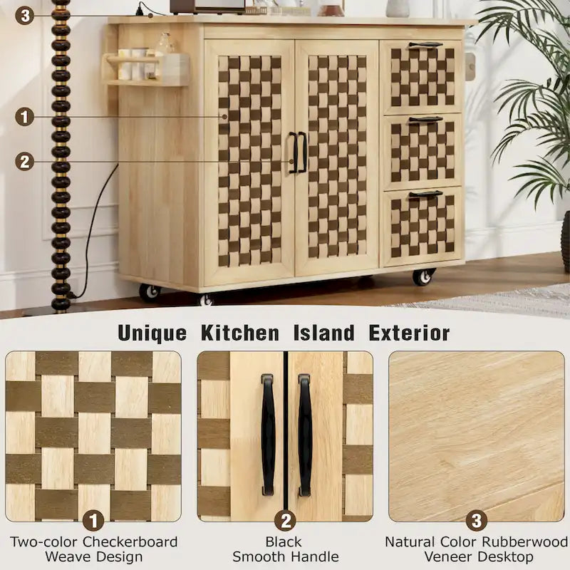 3D Woven Checkerboard Pattern Kitchen Island with Drop Leaf, Internal Storage Rack, Power Outlet, 3 Drawers and 2 Cabinets