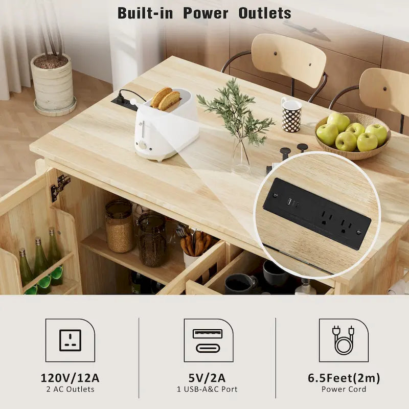 3D Woven Checkerboard Pattern Kitchen Island with Drop Leaf, Internal Storage Rack, Power Outlet, 3 Drawers and 2 Cabinets