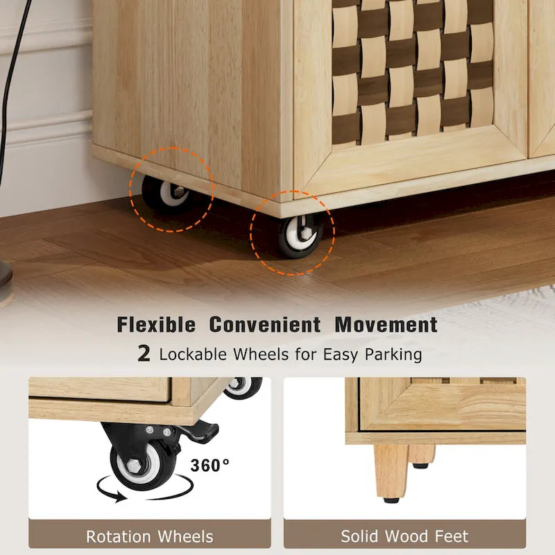 3D Woven Checkerboard Pattern Kitchen Island with Drop Leaf, Internal Storage Rack, Power Outlet, 3 Drawers and 2 Cabinets