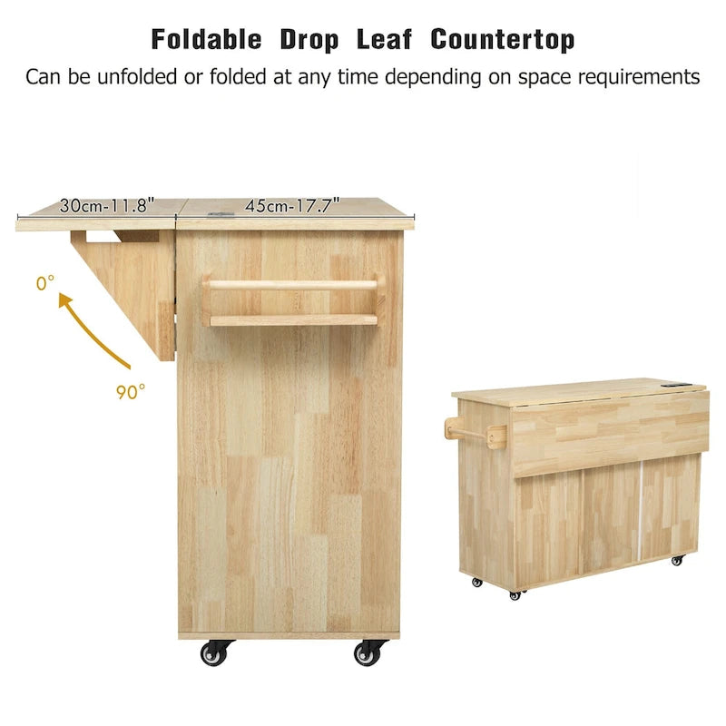 3D Woven Checkerboard Pattern Kitchen Island with Drop Leaf, Internal Storage Rack, Power Outlet, 3 Drawers and 2 Cabinets