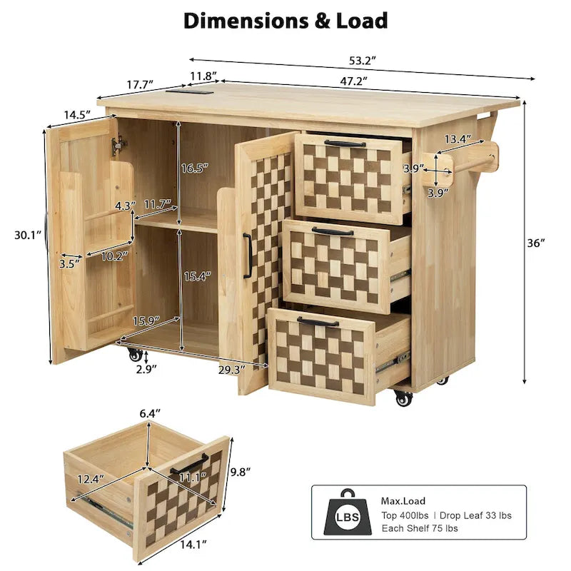 3D Woven Checkerboard Pattern Kitchen Island with Drop Leaf, Internal Storage Rack, Power Outlet, 3 Drawers and 2 Cabinets