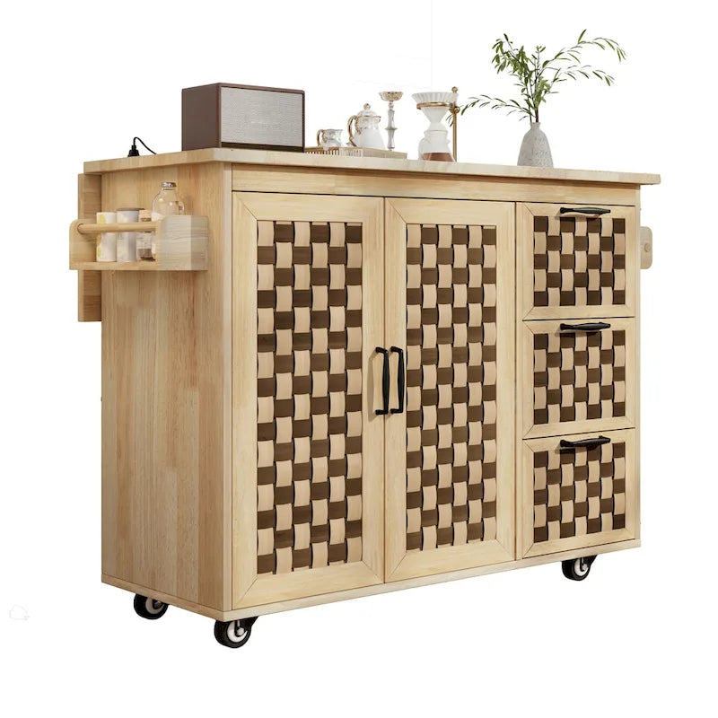 3D Woven Checkerboard Pattern Kitchen Island with Drop Leaf, Internal Storage Rack, Power Outlet, 3 Drawers and 2 Cabinets