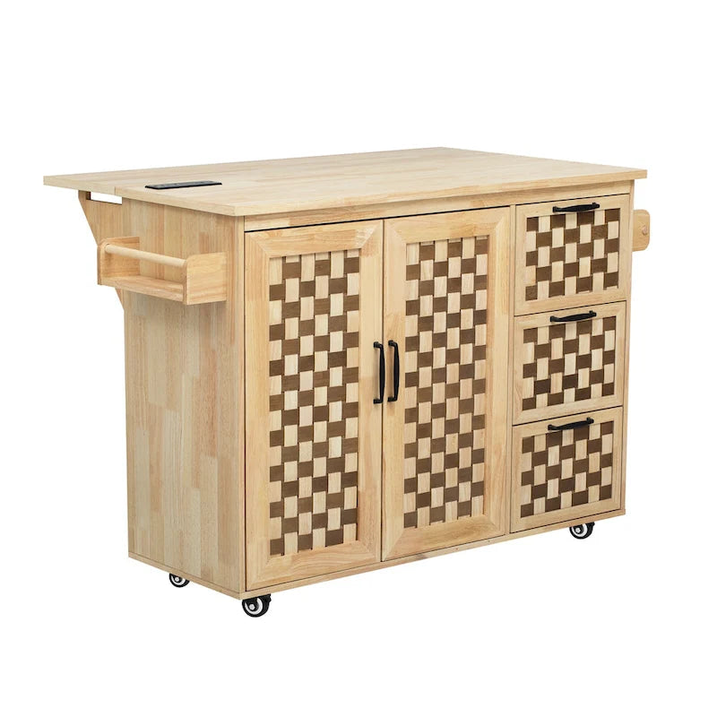 3D Woven Checkerboard Pattern Kitchen Island with Drop Leaf, Internal Storage Rack, Power Outlet, 3 Drawers and 2 Cabinets