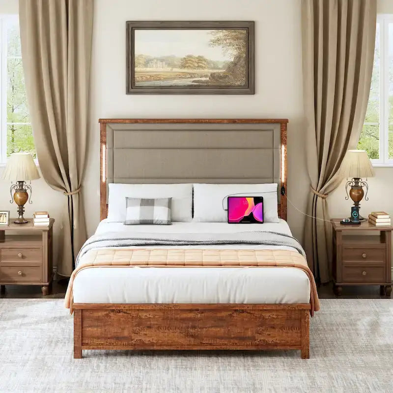 Queen Size Platform Bed with Upholstered Headboard and LED Lights