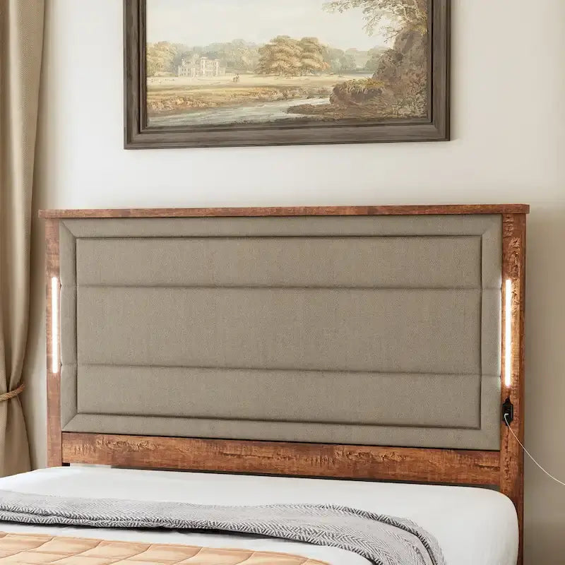 Queen Size Platform Bed with Upholstered Headboard and LED Lights