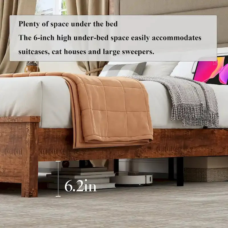 Queen Size Platform Bed with Upholstered Headboard and LED Lights