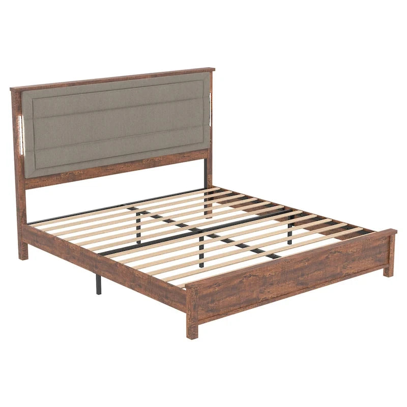 Queen Size Platform Bed with Upholstered Headboard and LED Lights