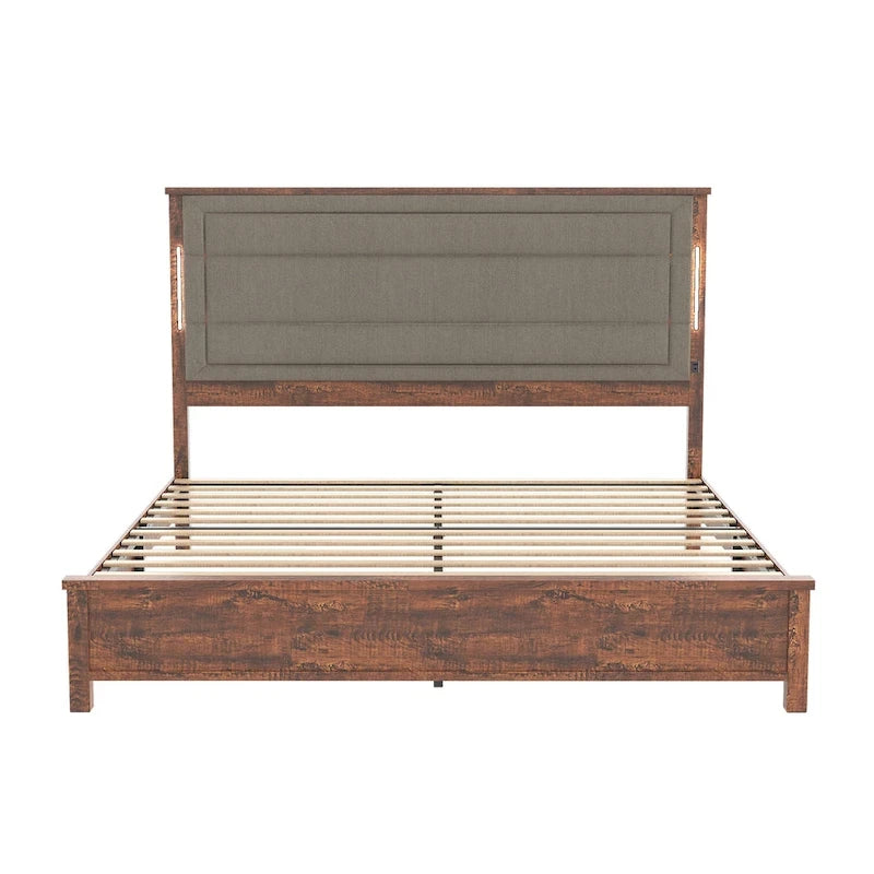 Queen Size Platform Bed with Upholstered Headboard and LED Lights