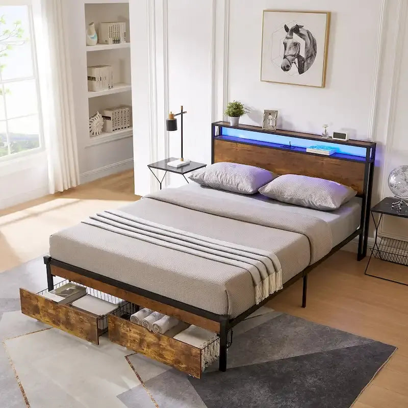 Queen Size Metal Platform Bed with LED Lights and Wooden Headboard
