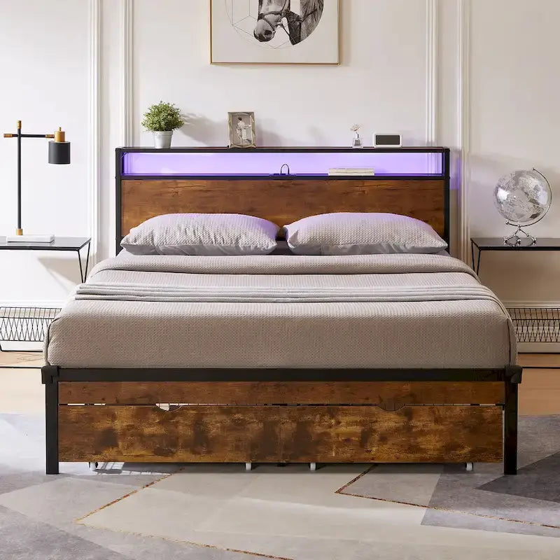 Queen Size Metal Platform Bed with LED Lights and Wooden Headboard