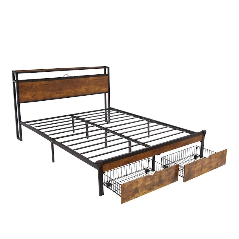 Queen Size Metal Platform Bed with LED Lights and Wooden Headboard