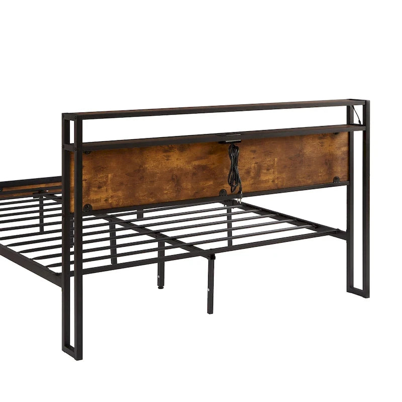 Queen Size Metal Platform Bed with LED Lights and Wooden Headboard
