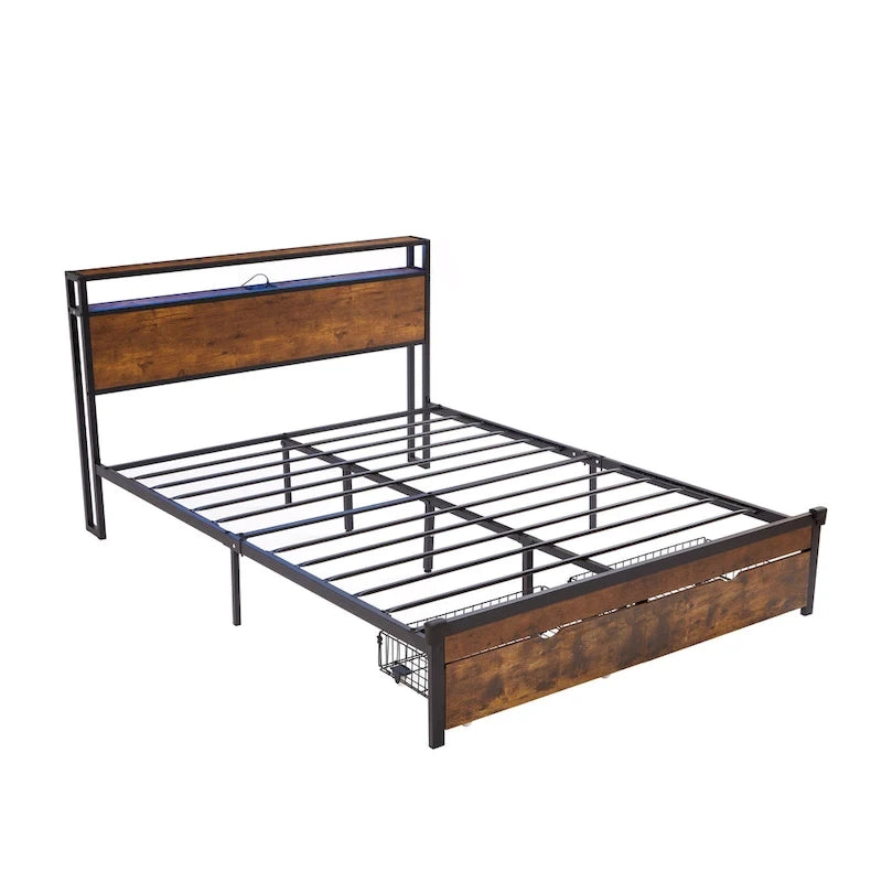 Queen Size Metal Platform Bed with LED Lights and Wooden Headboard