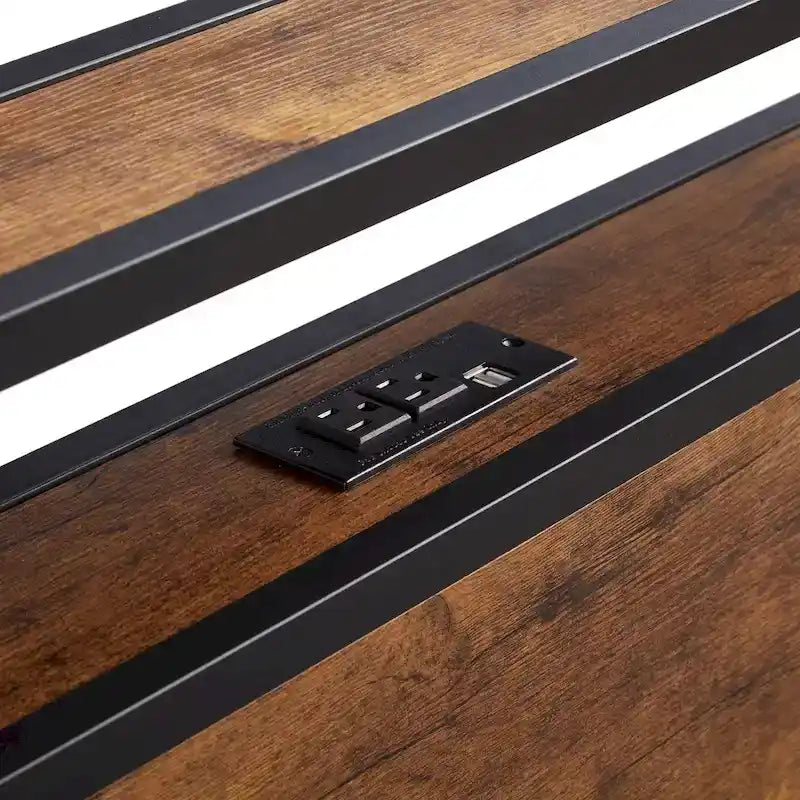 Queen Size Metal Platform Bed with LED Lights and Wooden Headboard