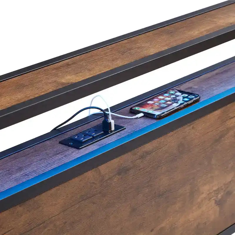 Queen Size Metal Platform Bed with LED Lights and Wooden Headboard