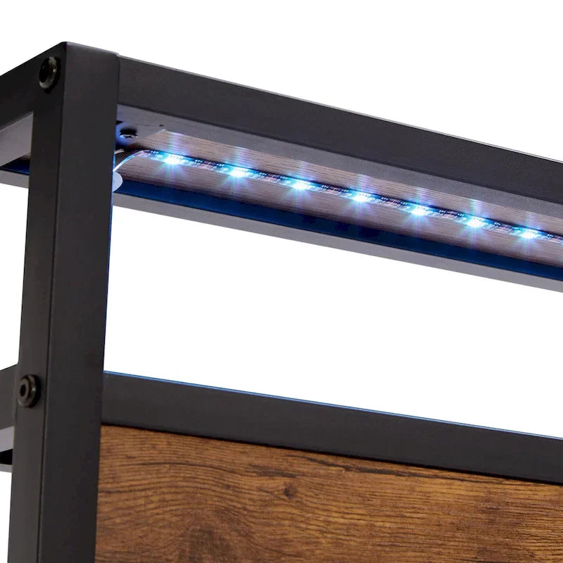 Queen Size Metal Platform Bed with LED Lights and Wooden Headboard