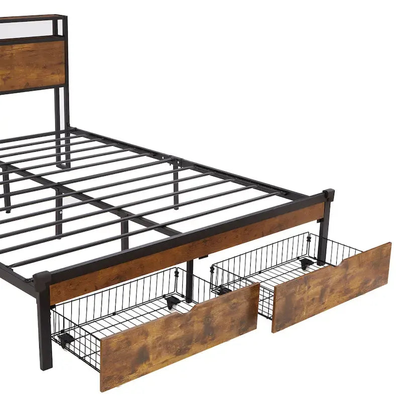Queen Size Metal Platform Bed with LED Lights and Wooden Headboard