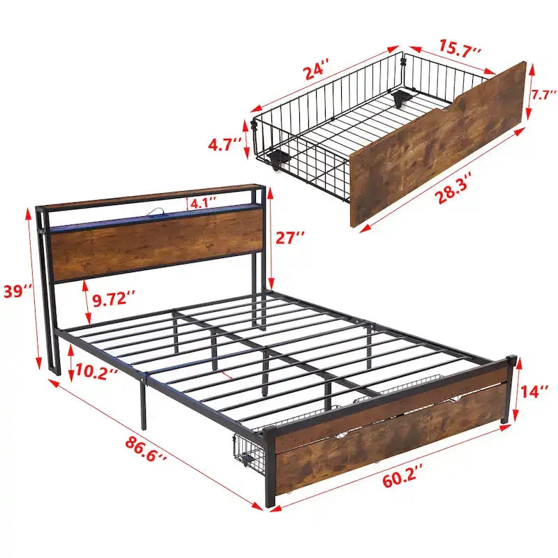 Queen Size Metal Platform Bed with LED Lights and Wooden Headboard