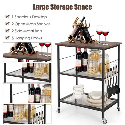 3 Tier Kitchen Rolling Microwave Cart Bar Service Cart with Wheels