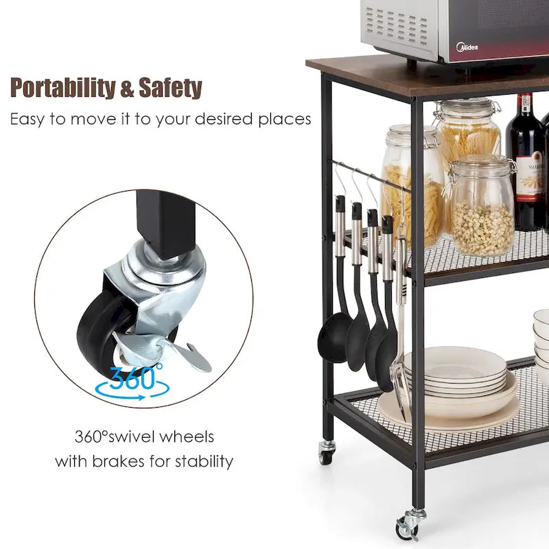 3 Tier Kitchen Rolling Microwave Cart Bar Service Cart with Wheels
