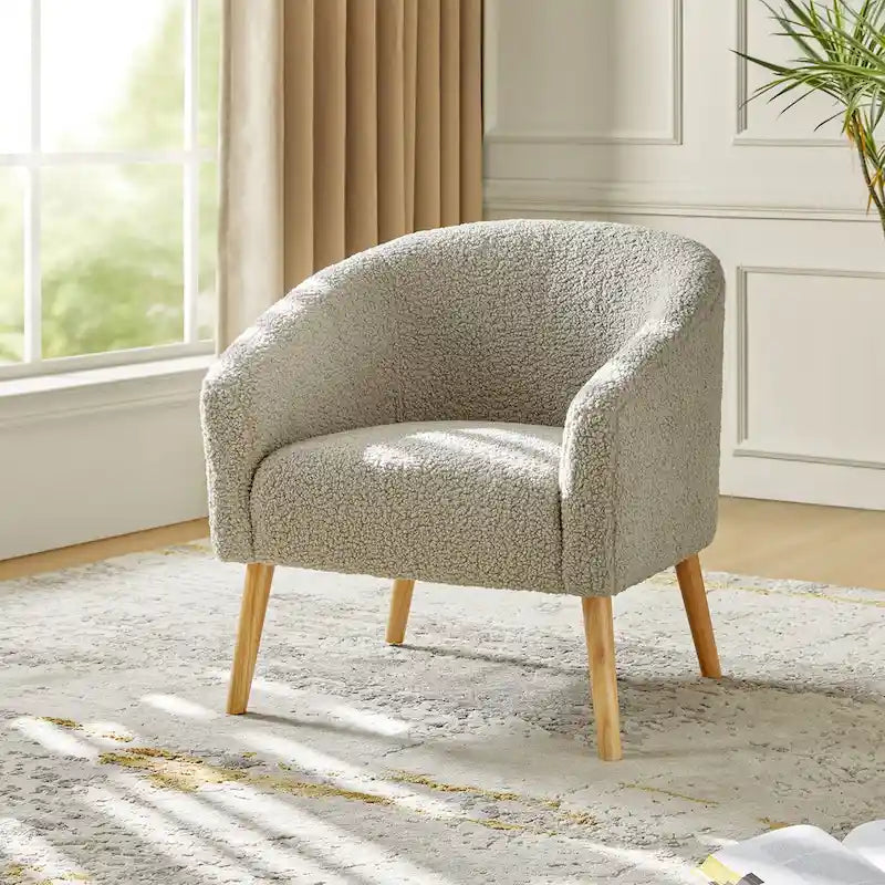 Modern 31W Boucle Armchair with Solid Wood Legs by