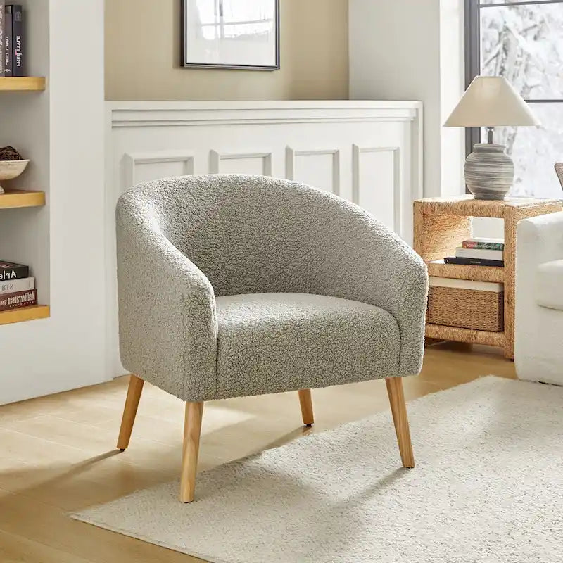 Modern 31W Boucle Armchair with Solid Wood Legs by