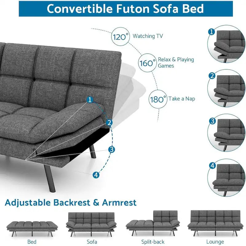 Modern Memory Foam Futon with Adjustable Armrests