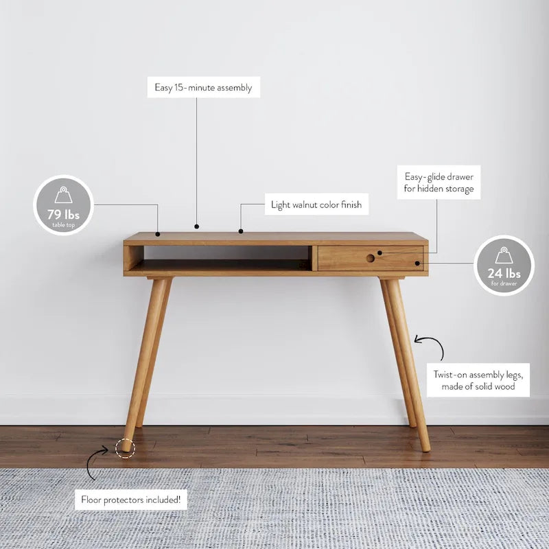 Walnut Desk with Open Storage and Small Drawer