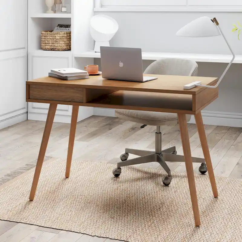 Walnut Desk with Open Storage and Small Drawer