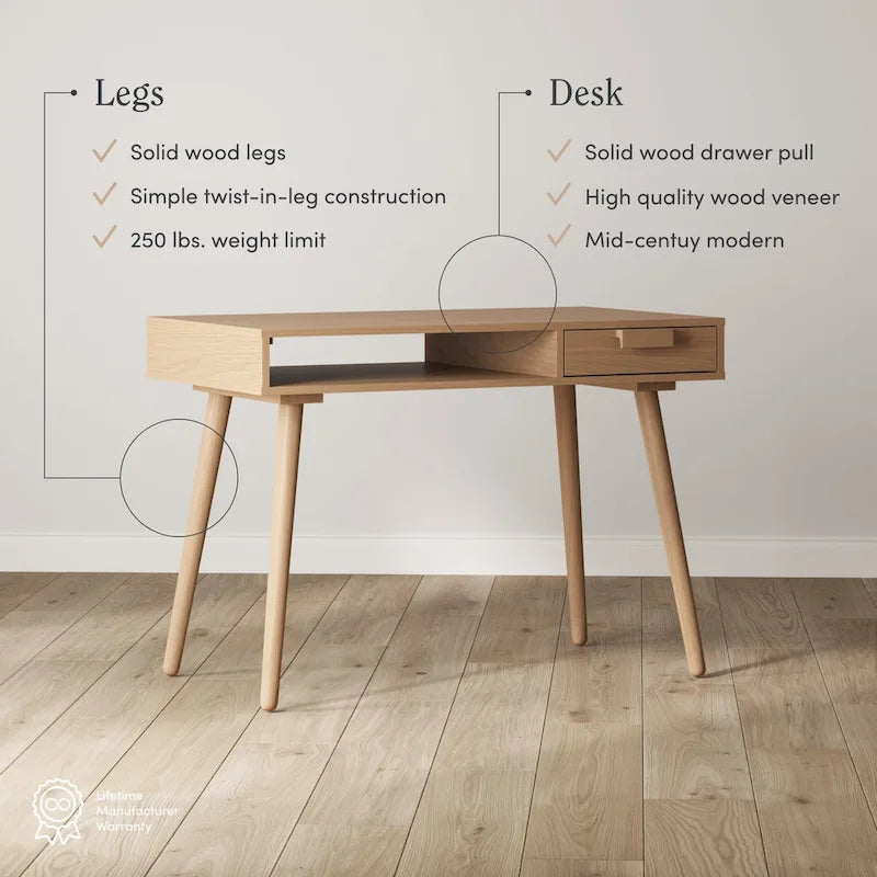 Walnut Desk with Open Storage and Small Drawer
