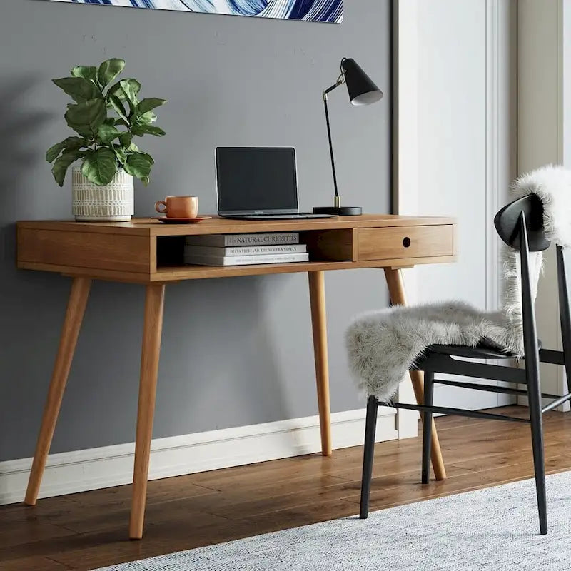 Walnut Desk with Open Storage and Small Drawer