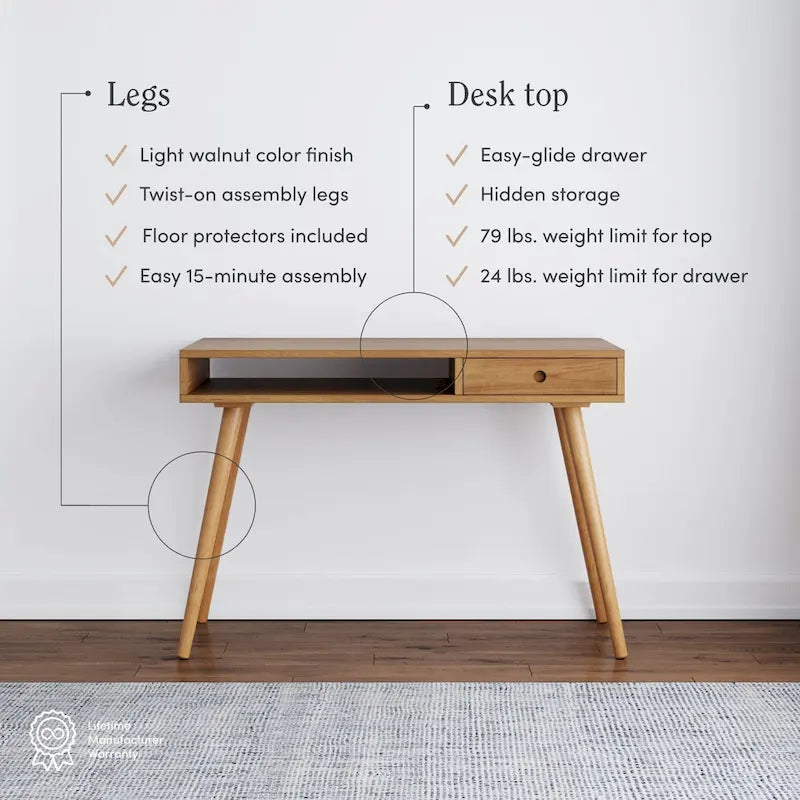 Walnut Desk with Open Storage and Small Drawer