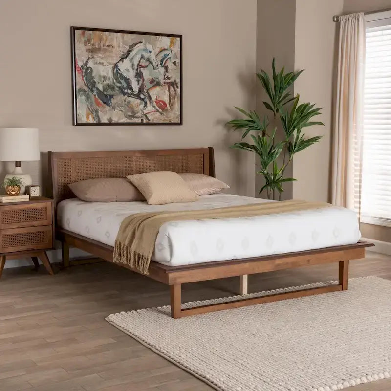 Aveena Mid-Century Modern Walnut Brown Finished Wood Platform Bed